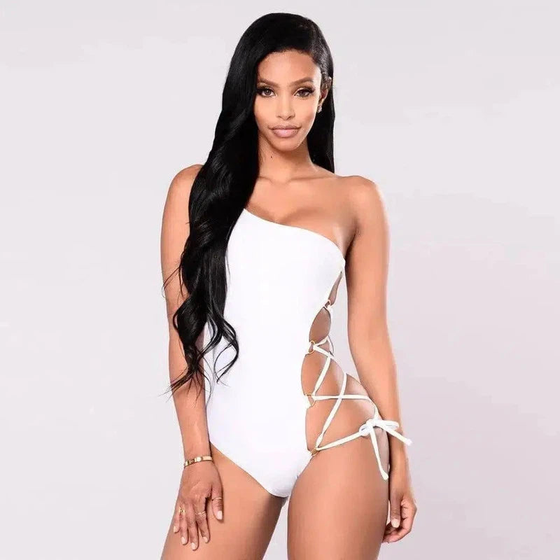 One-shoulder bikini swimsuit with hoop cross strap-White-2