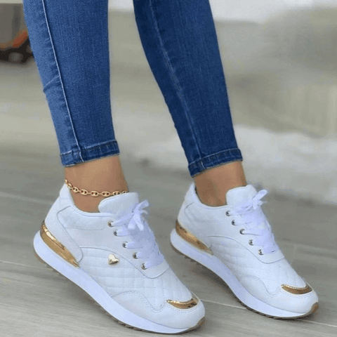 Plaid Sneakers Women Patchwork Lace Up Shoes With Love Decor-White-2