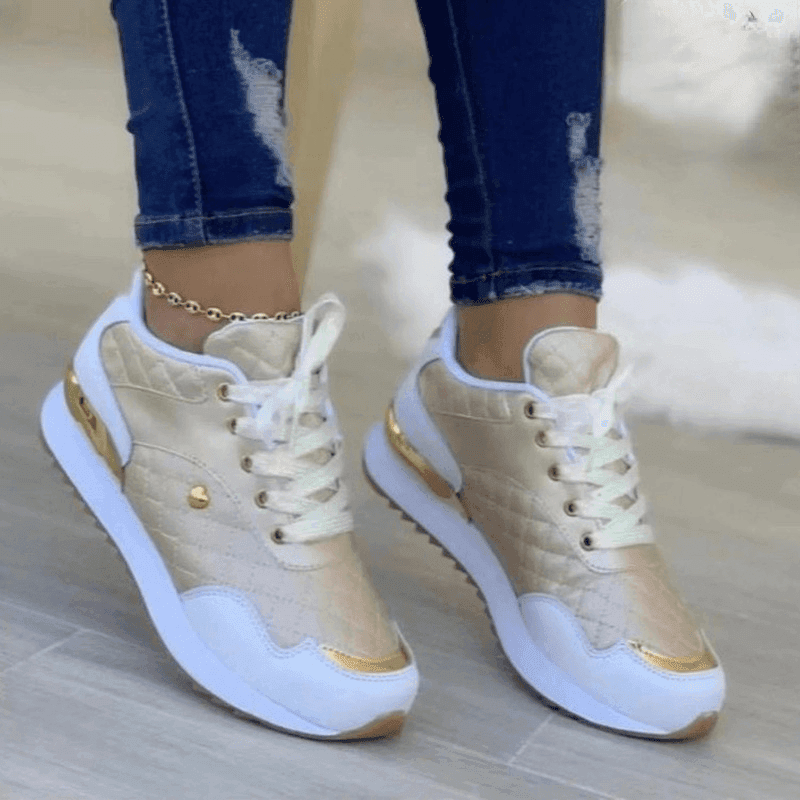 Plaid Sneakers Women Patchwork Lace Up Shoes With Love Decor-Apricot-3
