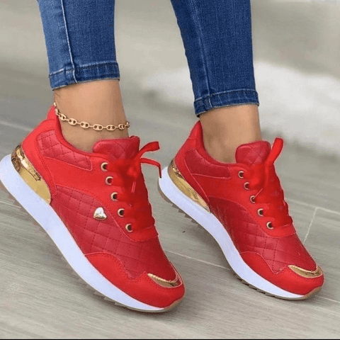 Plaid Sneakers Women Patchwork Lace Up Shoes With Love Decor-Red-4