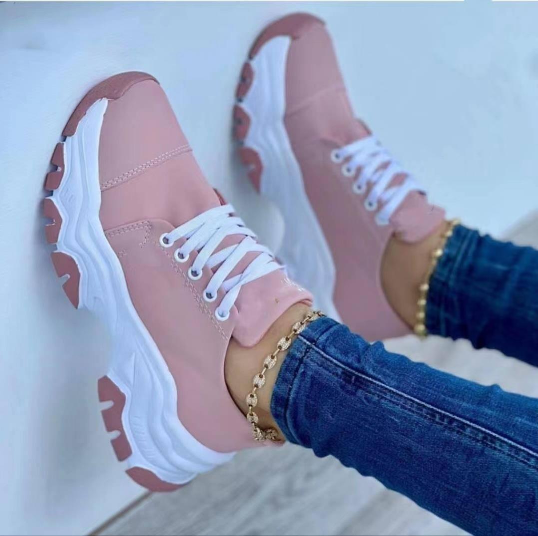 Platform Sport Flats Shoes Lace-up Sneaker Outdoor Walking-Pink-8