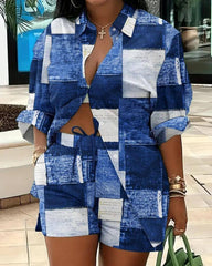 Plus Size 2Piece Outfit for Women Button Down Plaid Shirt-Blue-2