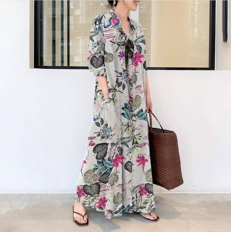 Plus Size Cotton Linen Maxi Dress - Summer 2023 Casual Wear-Grey Floral-1