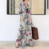 Plus Size Cotton Linen Maxi Dress - Summer 2023 Casual Wear Maxi Dresses LOVEMI Grey Floral 3XL 