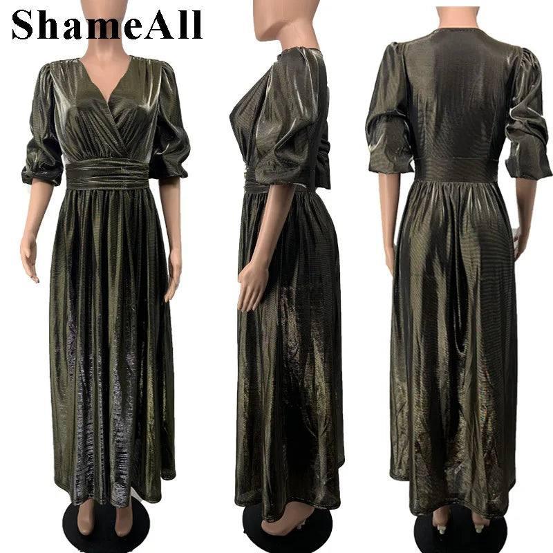 Women plus size Long Sleeve V Neck High Slit Maxi Prom Dress 3XL Metallic French Wrap Dresses Elegant Evening Party Robe Vestido-5