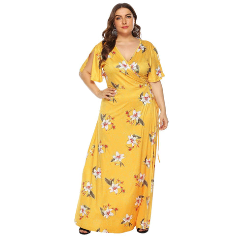 Plus Size Floral Maxi Dress | Trendy Wrap V-Neck Styles-Yellow-8