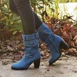 Plus Size High Heel Denim Mid Tube Women Boots-Blue-2