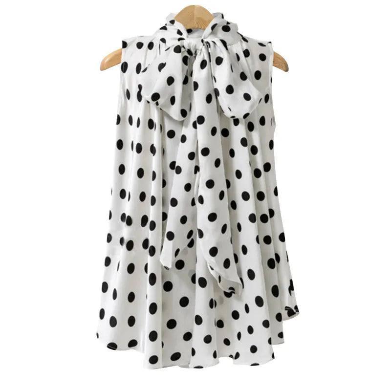 Plus Size Polka Dot Blouse Bow Neckline-White-7