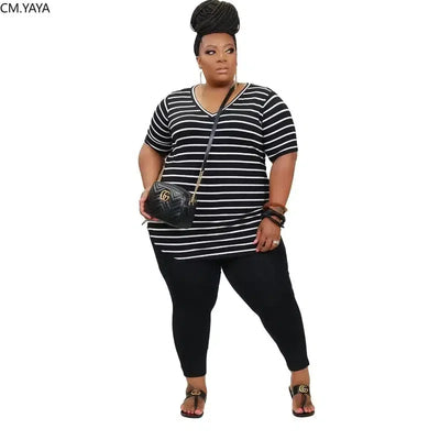 CM.YAYA Women Plus Size XL-5XL Striped Print V-neck Tee tops jogger sweatpant suit two piece set sport matching set outfit-1