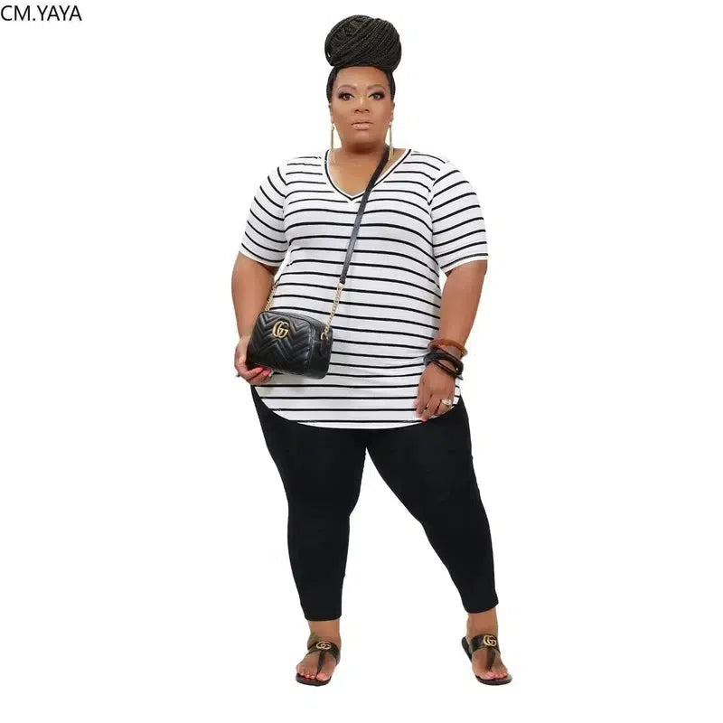 CM.YAYA Women Plus Size XL-5XL Striped Print V-neck Tee tops jogger sweatpant suit two piece set sport matching set outfit-2