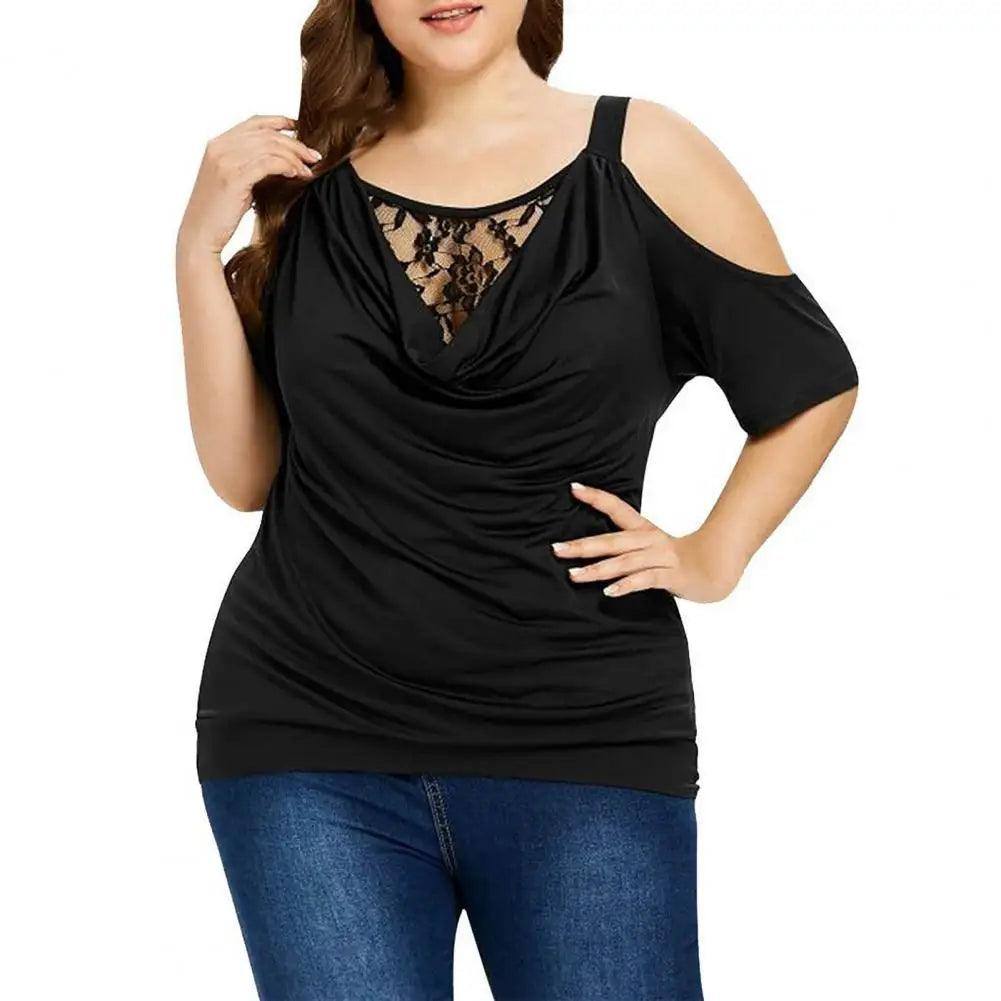Plus Size Summer Women Blouse Lace Short Sleeves Hollow Out-Black-3