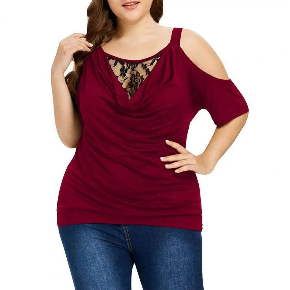 Plus Size Summer Women Blouse Lace Short Sleeves Hollow Out-Wine Red-4