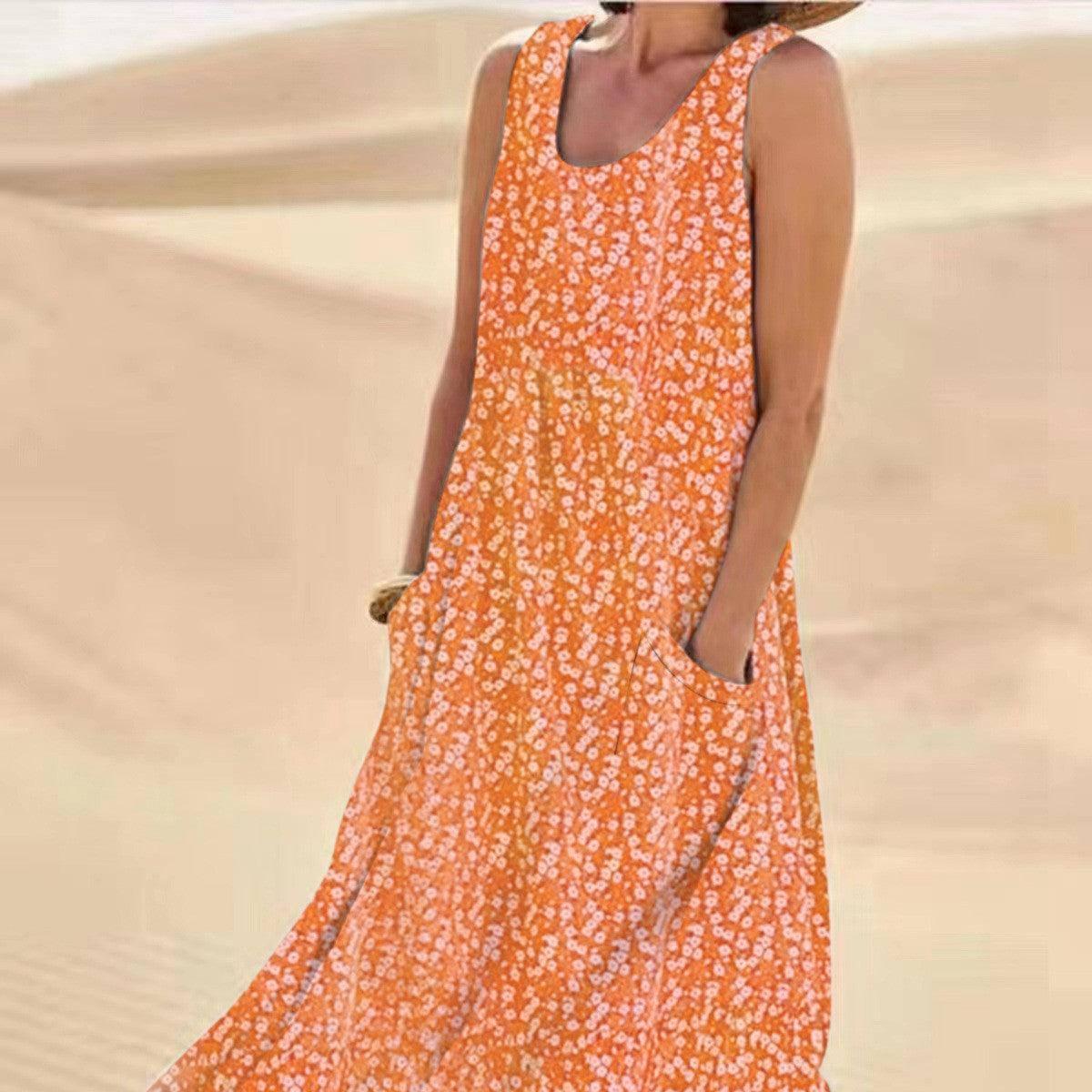 Pocket Sleeveless Round Neck Large Swing Floral Dress Plus-Orange-3