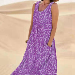 Pocket Sleeveless Round Neck Large Swing Floral Dress Plus-Purple-4