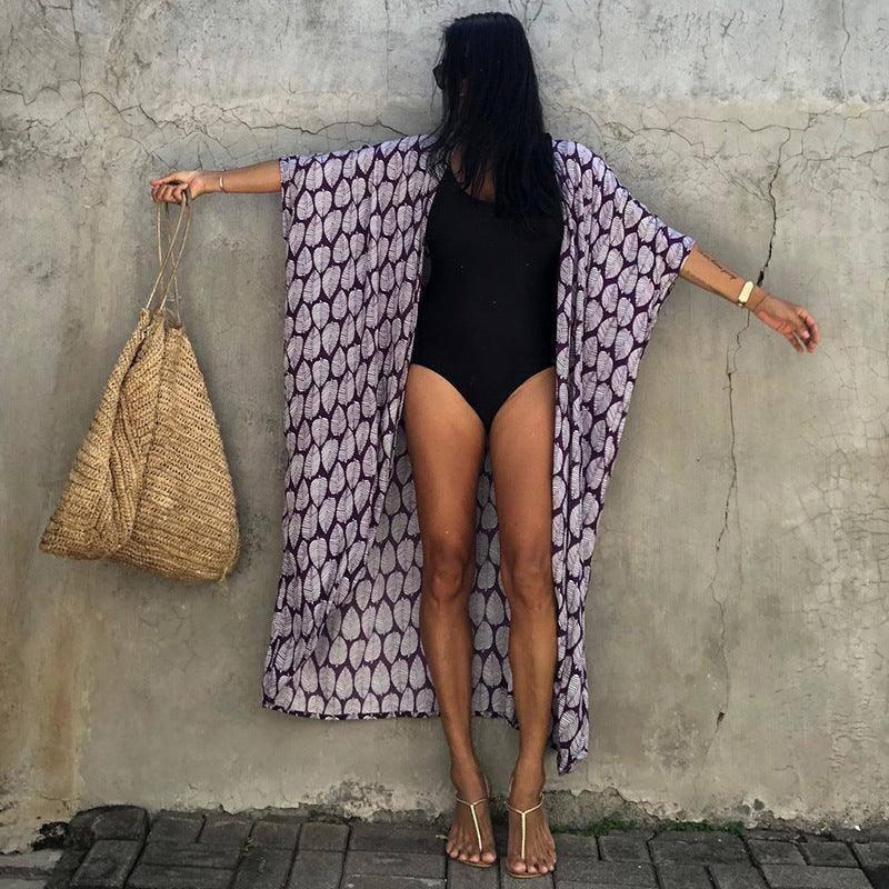 Polyester Ladies Sun Protection Resort Beach Dress Cover Up-Purple leaves-20