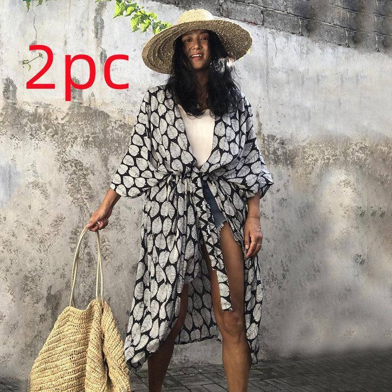 Polyester Ladies Sun Protection Resort Beach Dress Cover Up-Black leaf-27