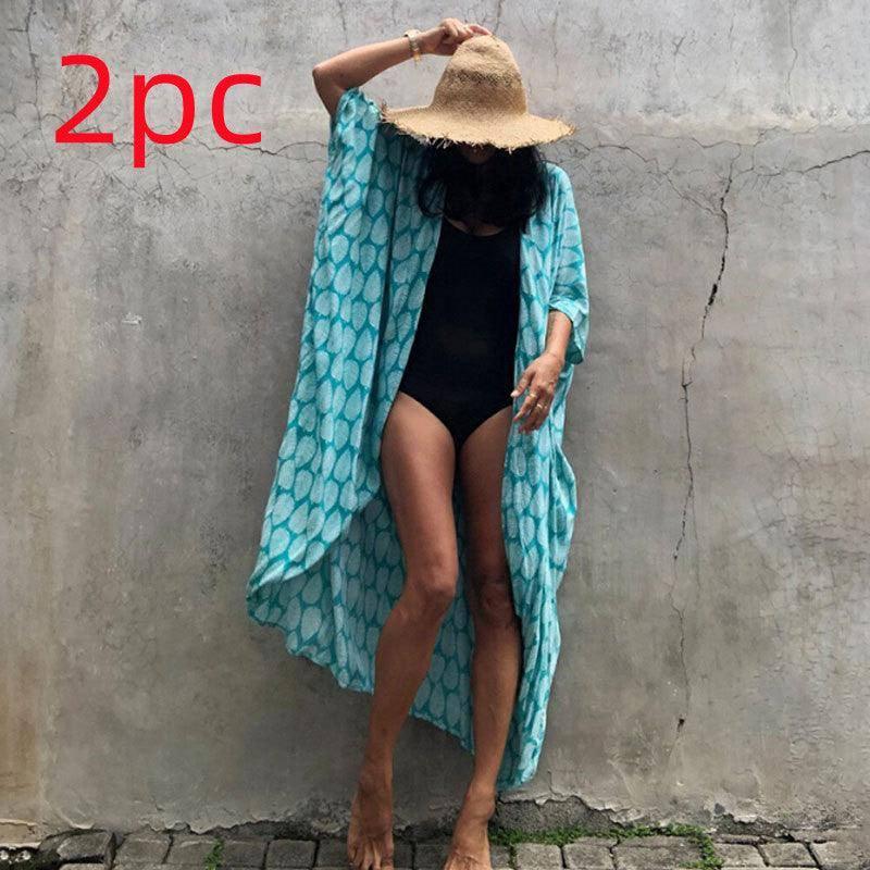 Polyester Ladies Sun Protection Resort Beach Dress Cover Up-Hole blue leaf-36