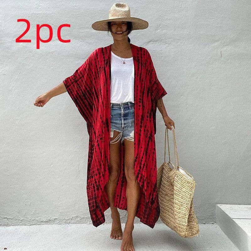Polyester Ladies Sun Protection Resort Beach Dress Cover Up-Red-40