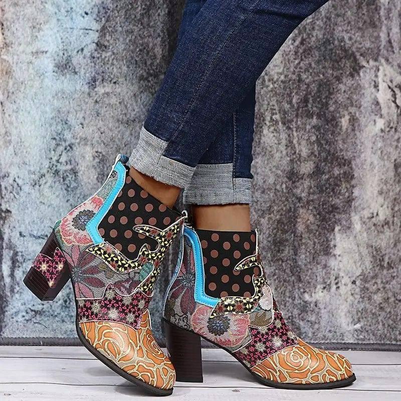 Print Ankle Boots Chunky Mid Heel Boots Women Side Zipper-3