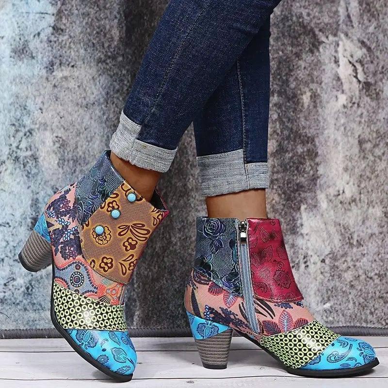 Print Ankle Boots Chunky Mid Heel Boots Women Side Zipper-5