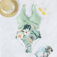 Printed Hollow Out Tied One-piece Bikini-4