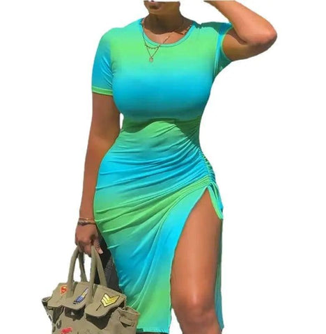 Printed Solid Color Short Sleeve Drawstring Dress-2