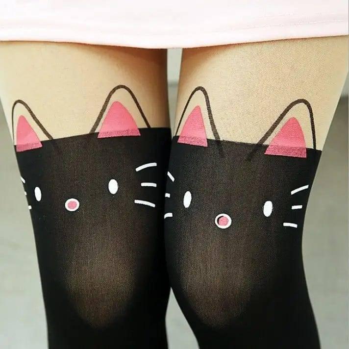 Printed stitching white cartoon stretch stockings-No. 4 pink cat black-1