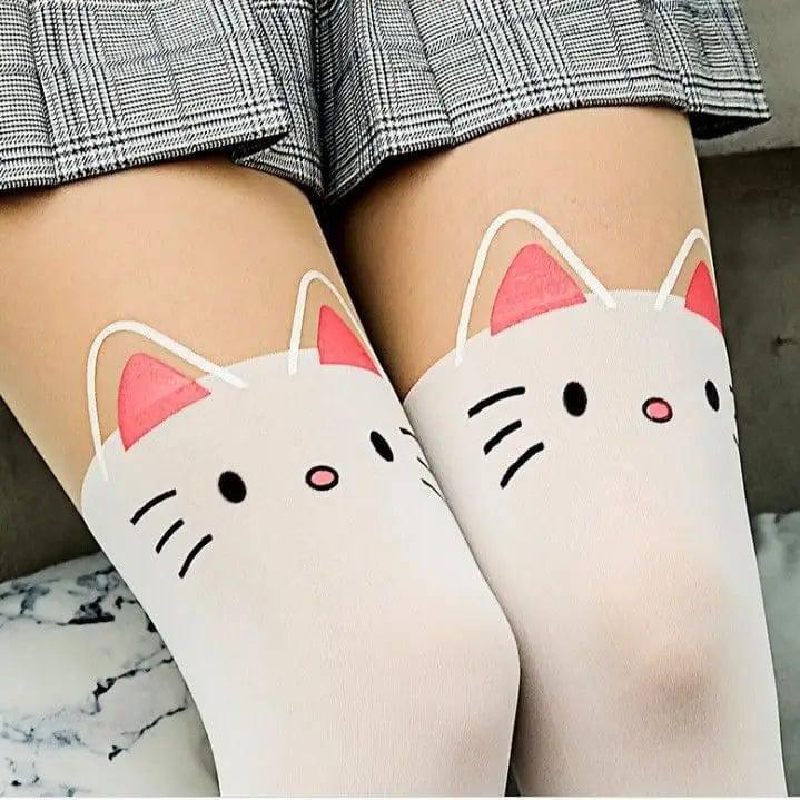 Printed stitching white cartoon stretch stockings-No. 4 pink cat white-4