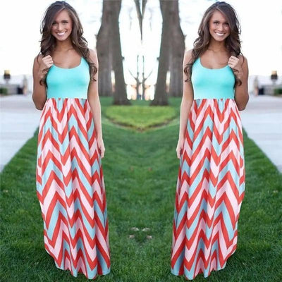 Printed Waves Stripe Long Skirt Dress-Blue-12