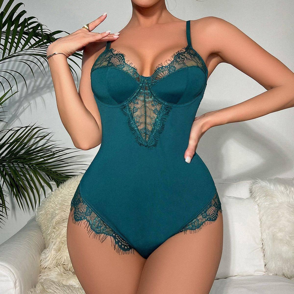 Product With Steel Ring Jumpsuit Lingerie-Dark Green-1