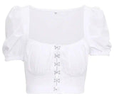 Puff Sleeve Collar Buttoned Crop Top-White-12