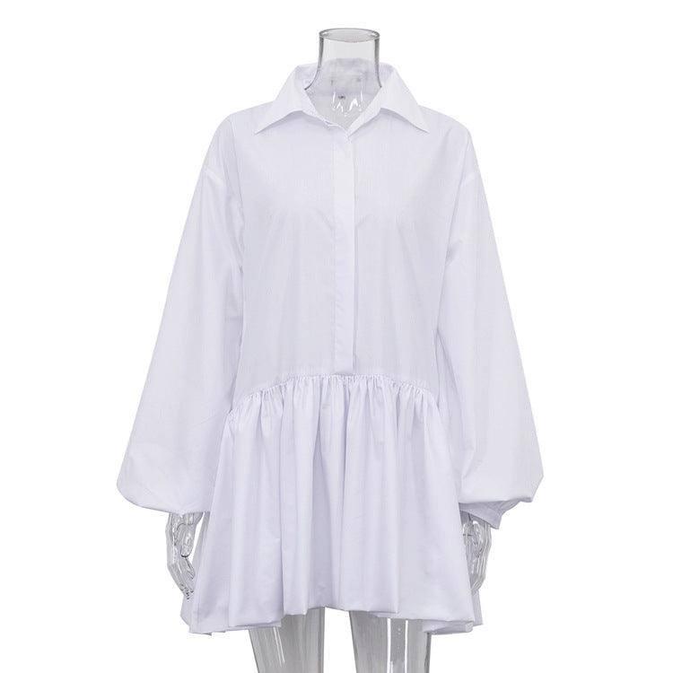 Puff Sleeve Shirt Dress Women-White-6
