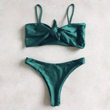 Pure Color Bikini Strap And Bow Split Swimsuit-Green-6