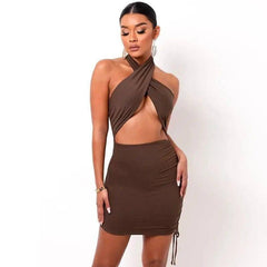 LOVEMI - Pure Color Cross Halter Halter Back And Navel Sexy Dress