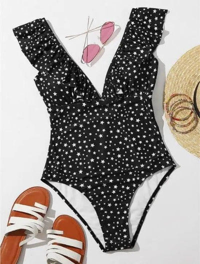 Pure Color Pleated One-piece Swimsuit Fashionable Slim-Blackstars-6