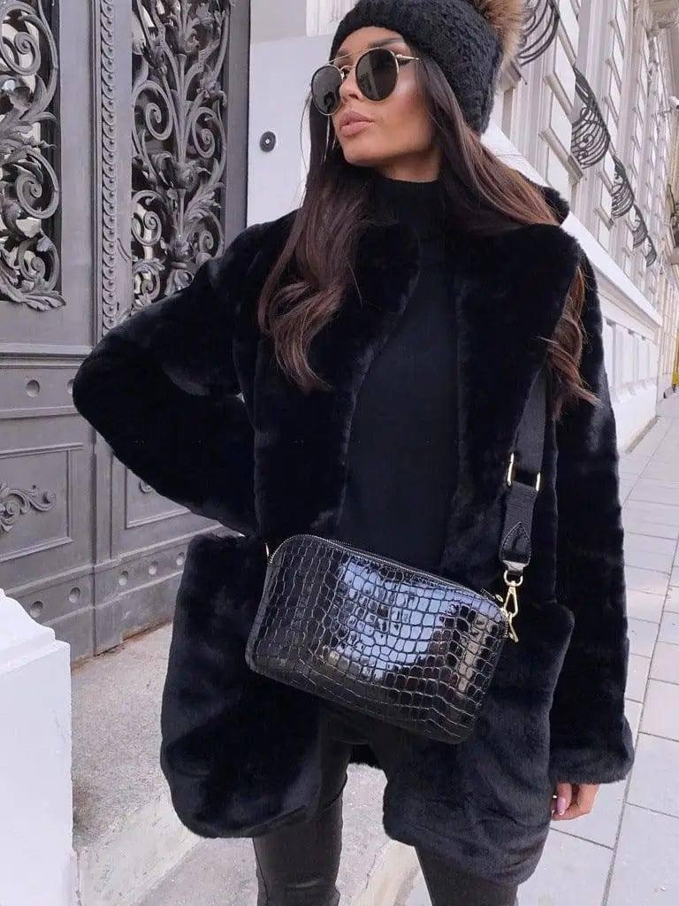Pure Color Warm Slim Coat Women Fur-Black-3