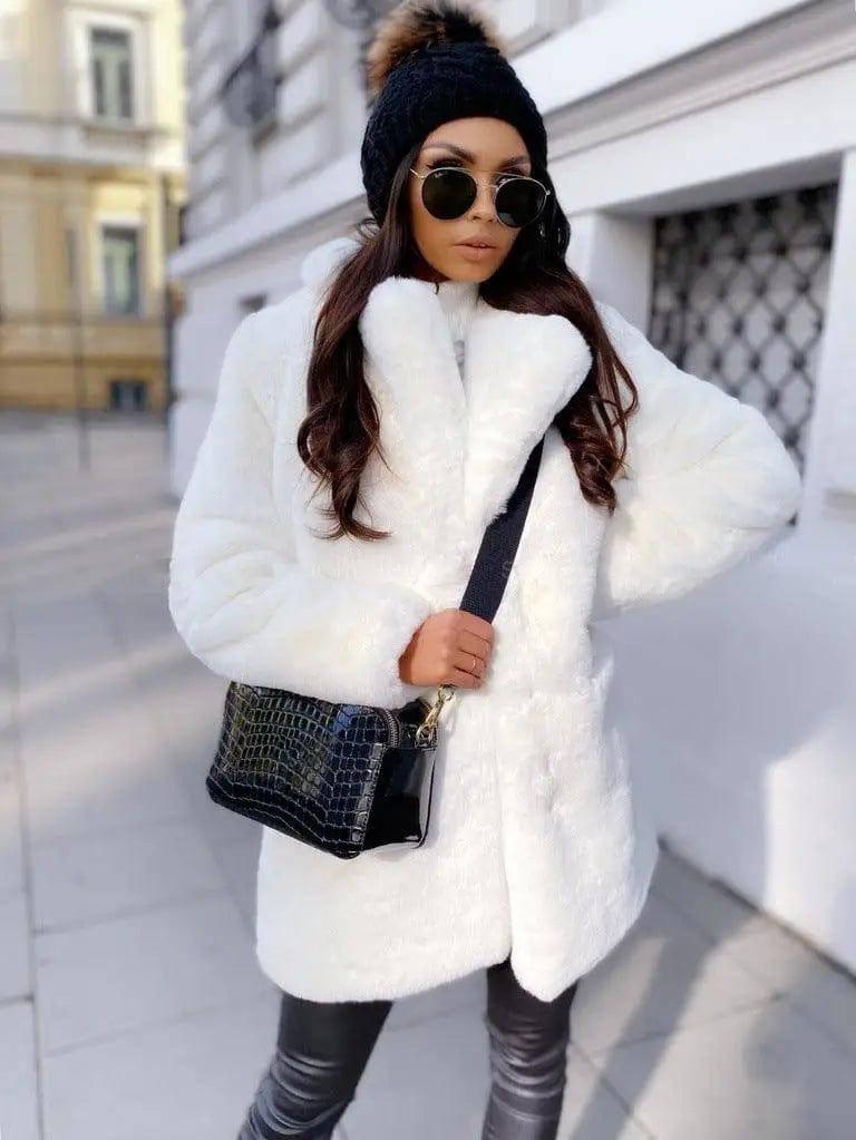 Pure Color Warm Slim Coat Women Fur-White-4