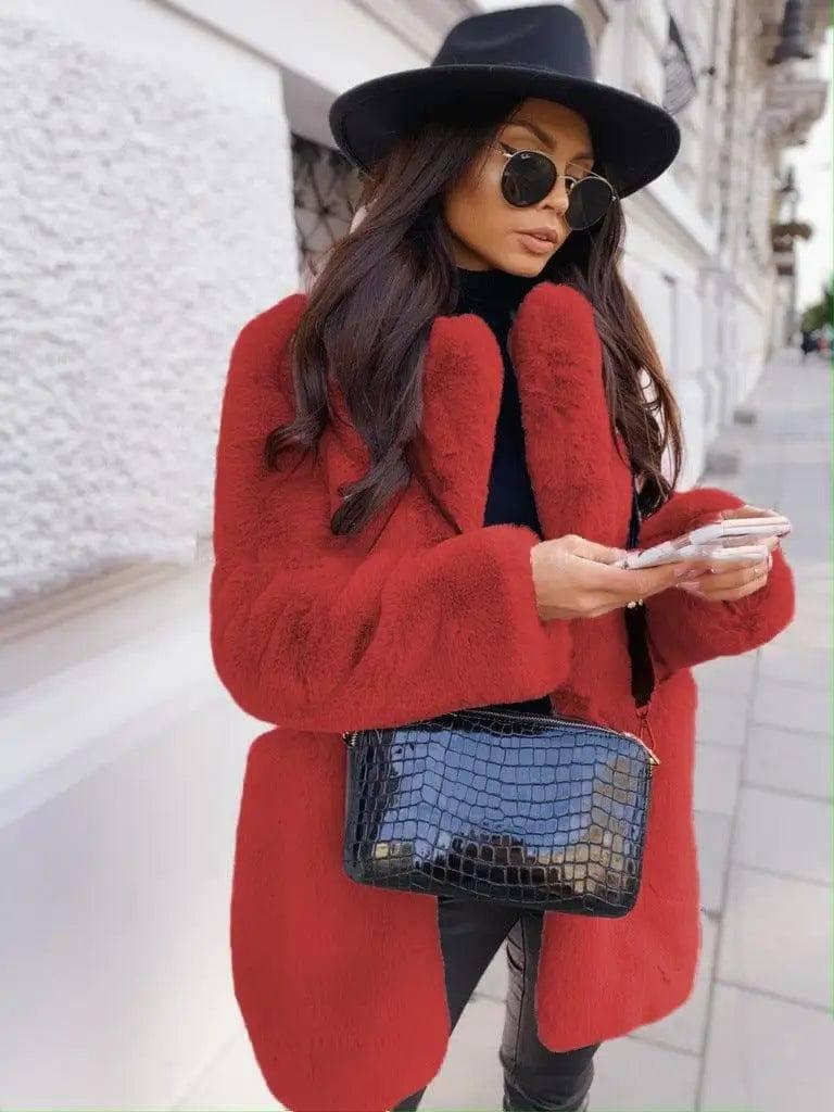 Pure Color Warm Slim Coat Women Fur-Red-6