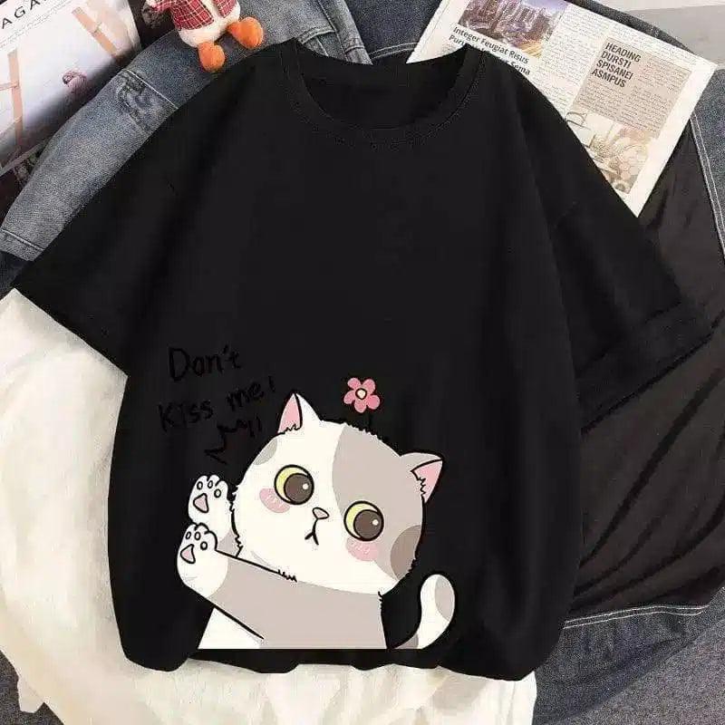 Cute Cat Graphic Casual Cotton Tee-Black-1