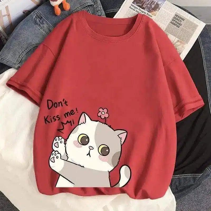 Cute Cat Graphic Casual Cotton Tee-Brick red-3