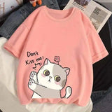 Cute Cat Graphic Casual Cotton Tee-Pink-11