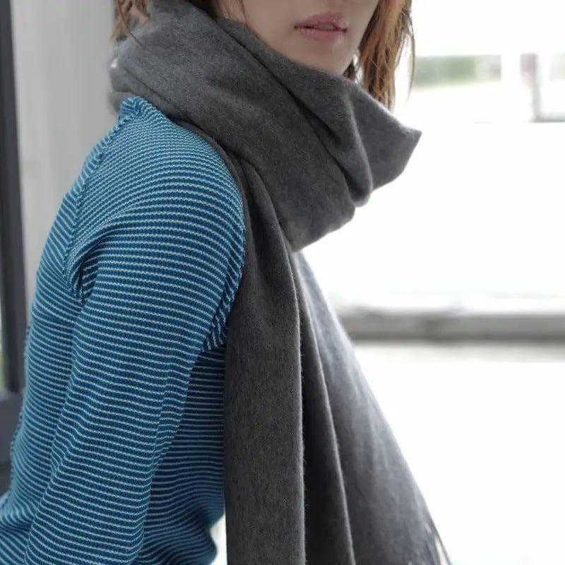 Pure Wool Scarf Women's Warm Tassel Solid Color Scarf-Medium Gray-1