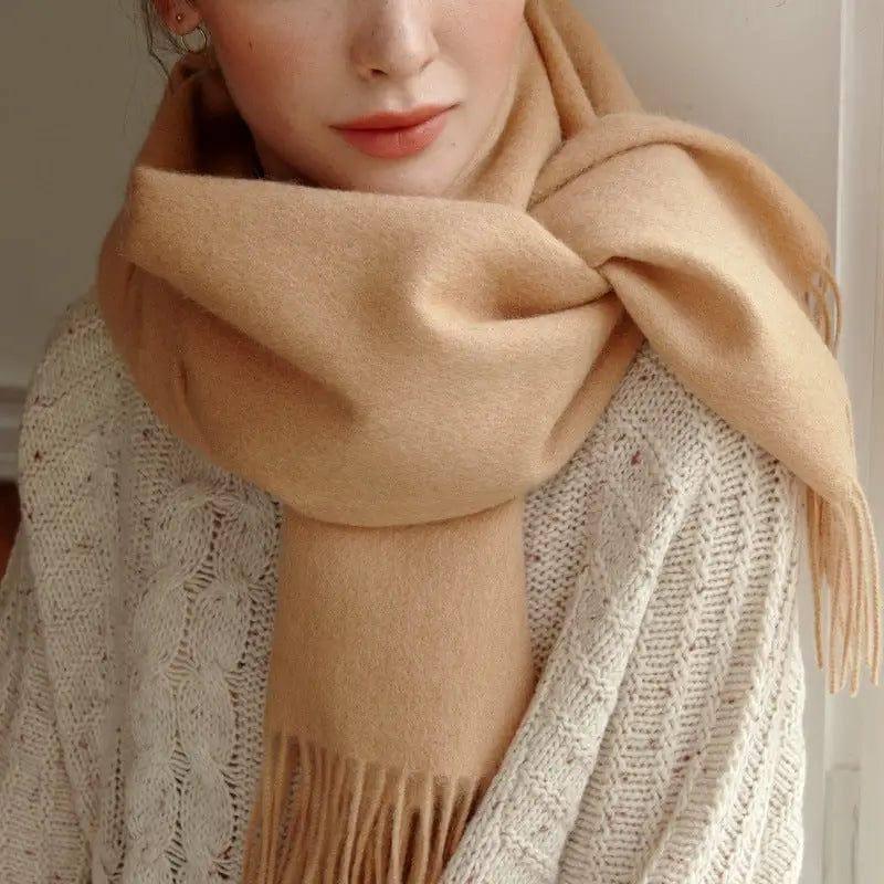 Pure Wool Scarf Women's Warm Tassel Solid Color Scarf-Golden Camel-3