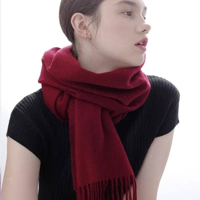 Pure Wool Scarf Women's Warm Tassel Solid Color Scarf-Wine Red-6