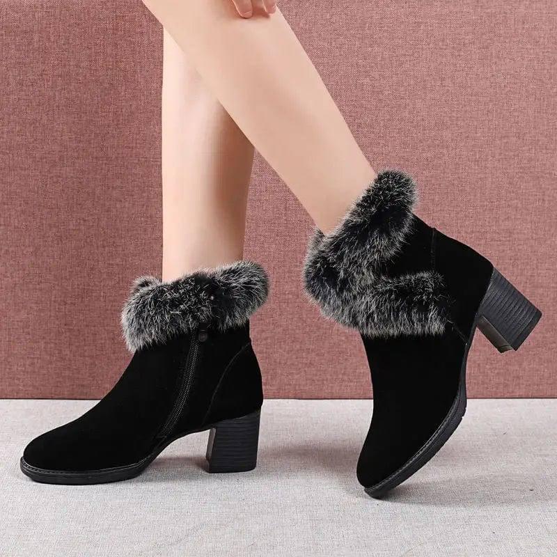 Rabbit Fur Snow Boots Women Cotton Shoes Mid Heel Plus-1