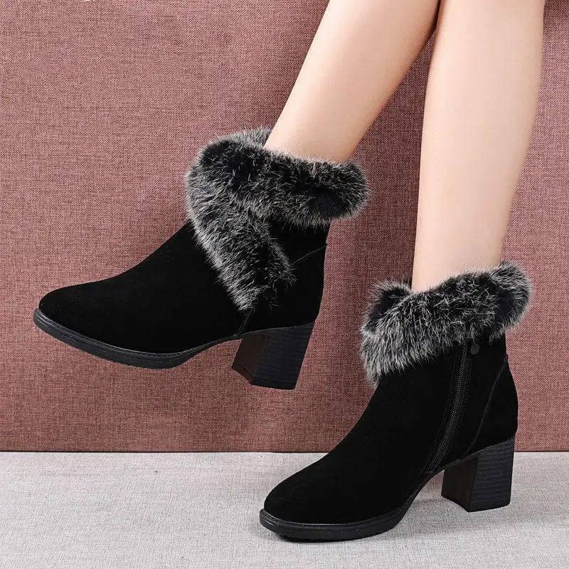 Rabbit Fur Snow Boots Women Cotton Shoes Mid Heel Plus-2