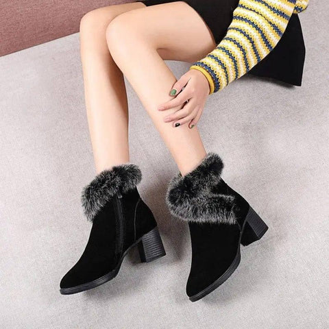 Rabbit Fur Snow Boots Women Cotton Shoes Mid Heel Plus-3