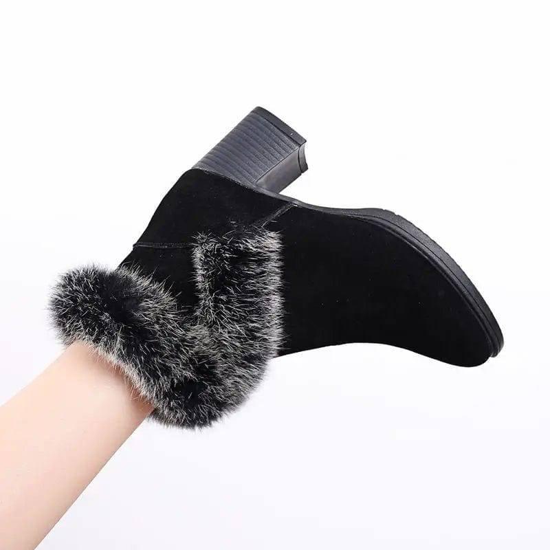 Rabbit Fur Snow Boots Women Cotton Shoes Mid Heel Plus-4