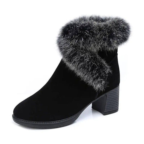 Rabbit Fur Snow Boots Women Cotton Shoes Mid Heel Plus-Black-5