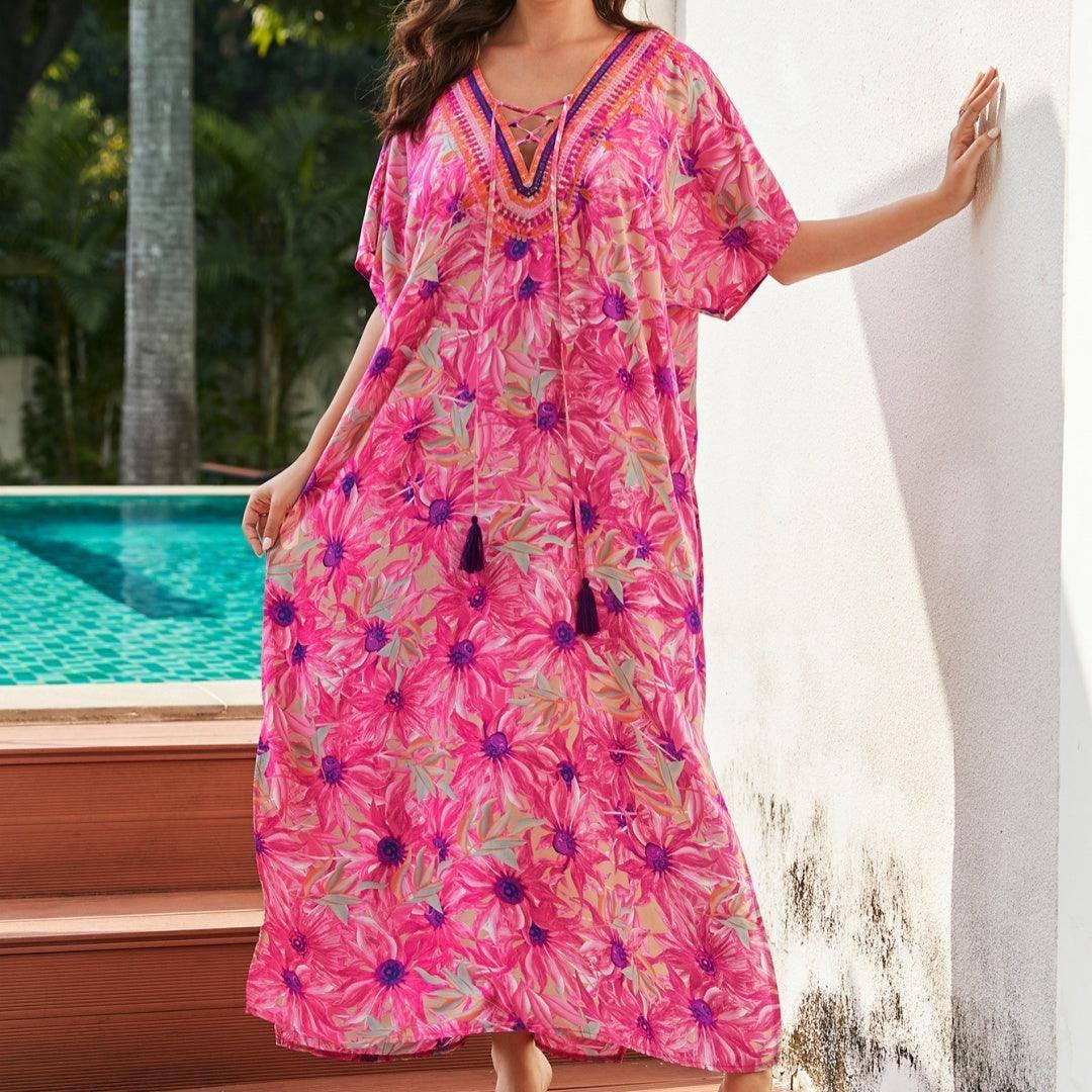 Rayon Rose Red Embroidered Beach Dress Outer Wear-Pink-1